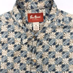 Pau Hana Hawaii Button Down Shirt Mens XL Blue‎ Floral Tile Print Short Sleeve